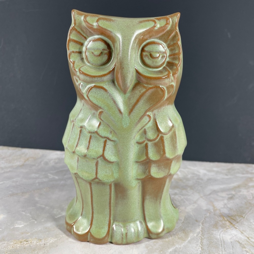 Frankoma Pottery Owl Coin Bank Sage Green Desert Gold Mid Century Modern Retro